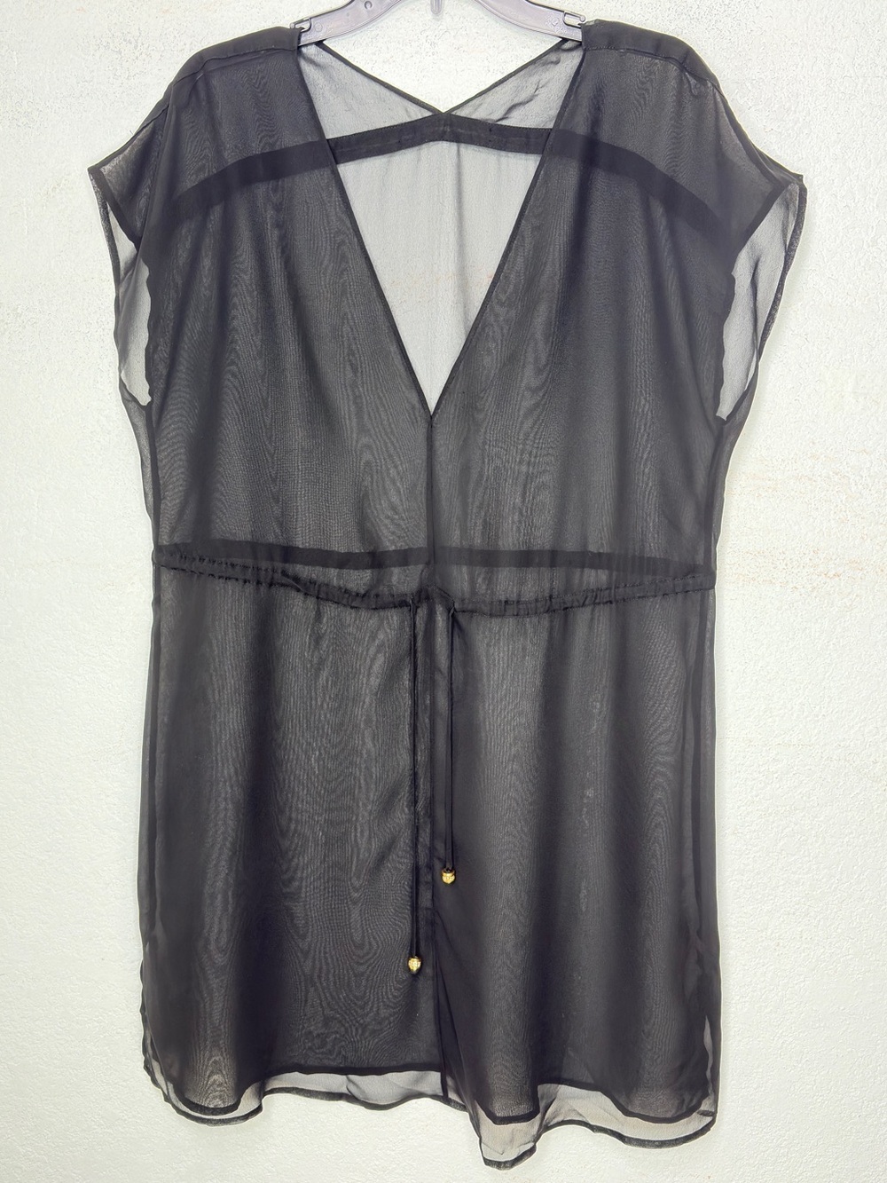 90s  Black Sheer Georgette Tunic Deep V Neck Cyber Y2K Weightless Drama M - Picture 3 of 8
